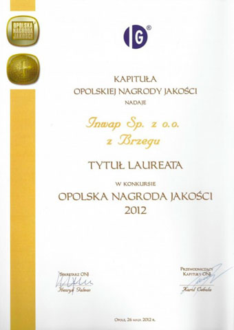 Dyplom - Opolska nagroda jakości 2012